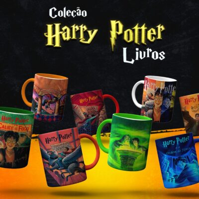 Coleção Harry Potter Livros, 8 lindas canecas de cerâmica com alça e interior colorido
